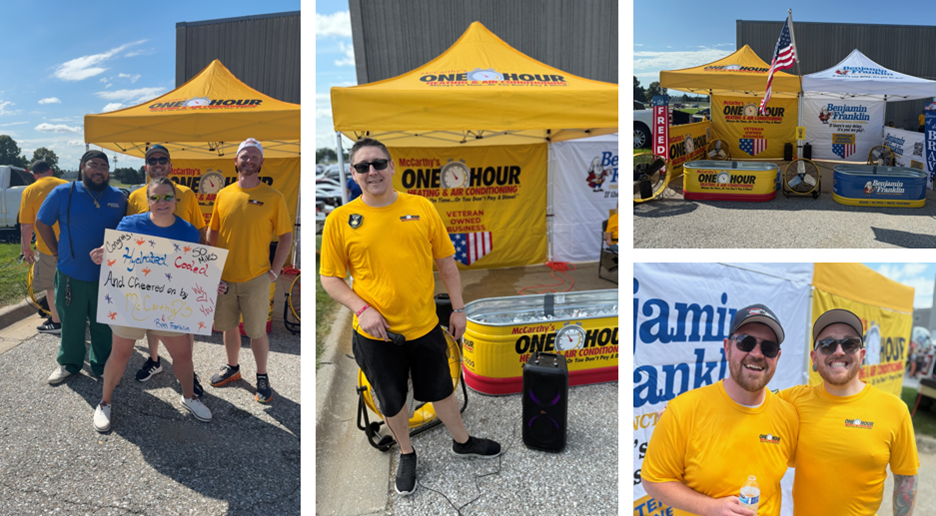 A collage of people in yellow shirts with Authority Brands